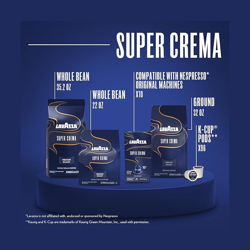 Lavazza Super Crema Whole Bean Espresso Coffee, 2.2lb Bag, Vacuum-Packed (4202)