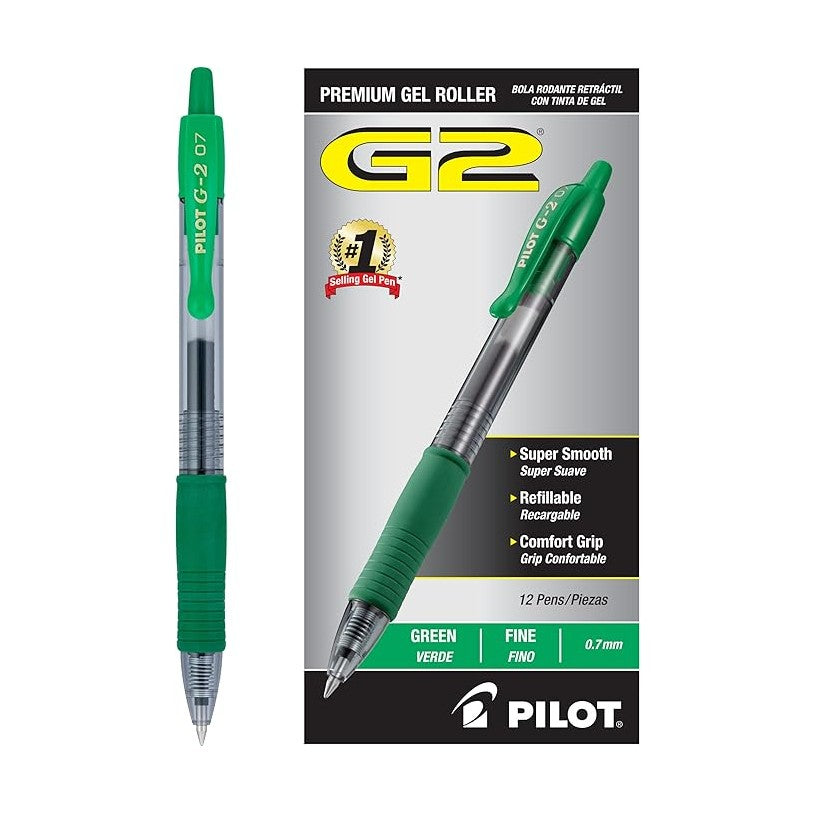 Pilot G2 Premium Gel Pen, Retractable, Fine 0.7 mm, Green Ink, Smoke/Green Barrel, Dozen (31025)