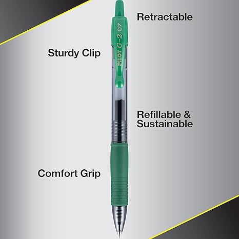 Pilot G2 Premium Gel Pen, Retractable, Fine 0.7 mm, Green Ink, Smoke/Green Barrel, Dozen (31025)